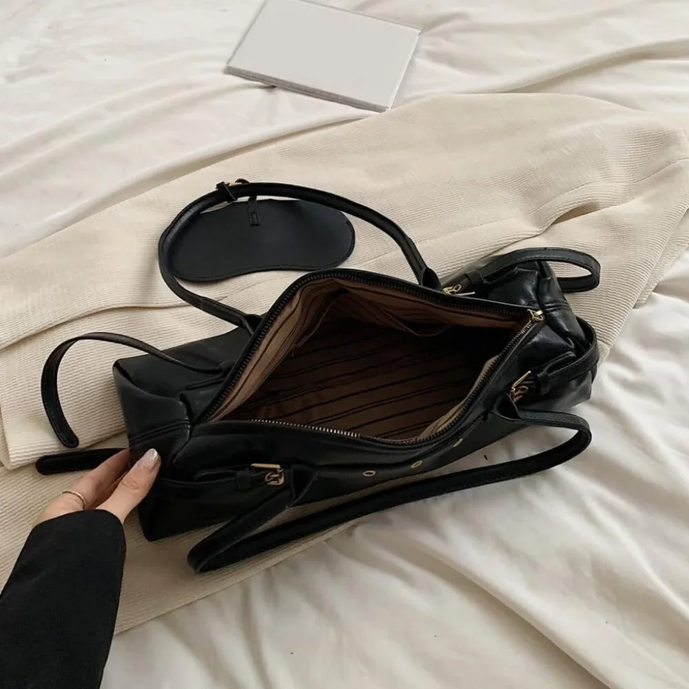 Wome'ns Black PU Leather Tote Bag Casual Bowling Bag Purse Retro Underarm